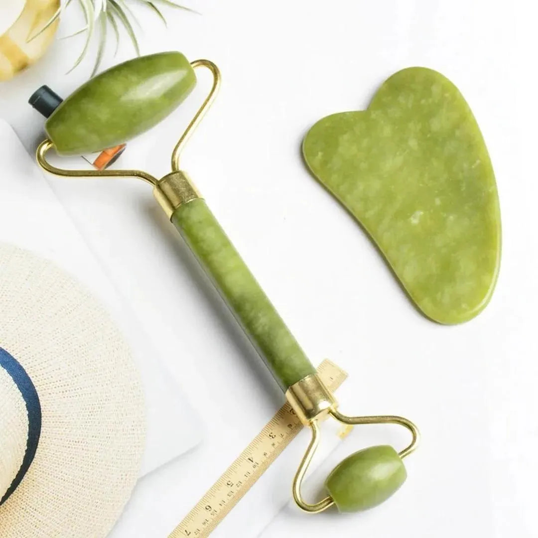 Jade Gua Sha Roller & Facial Massage Tool | Green Jade Face Roller for Skincare